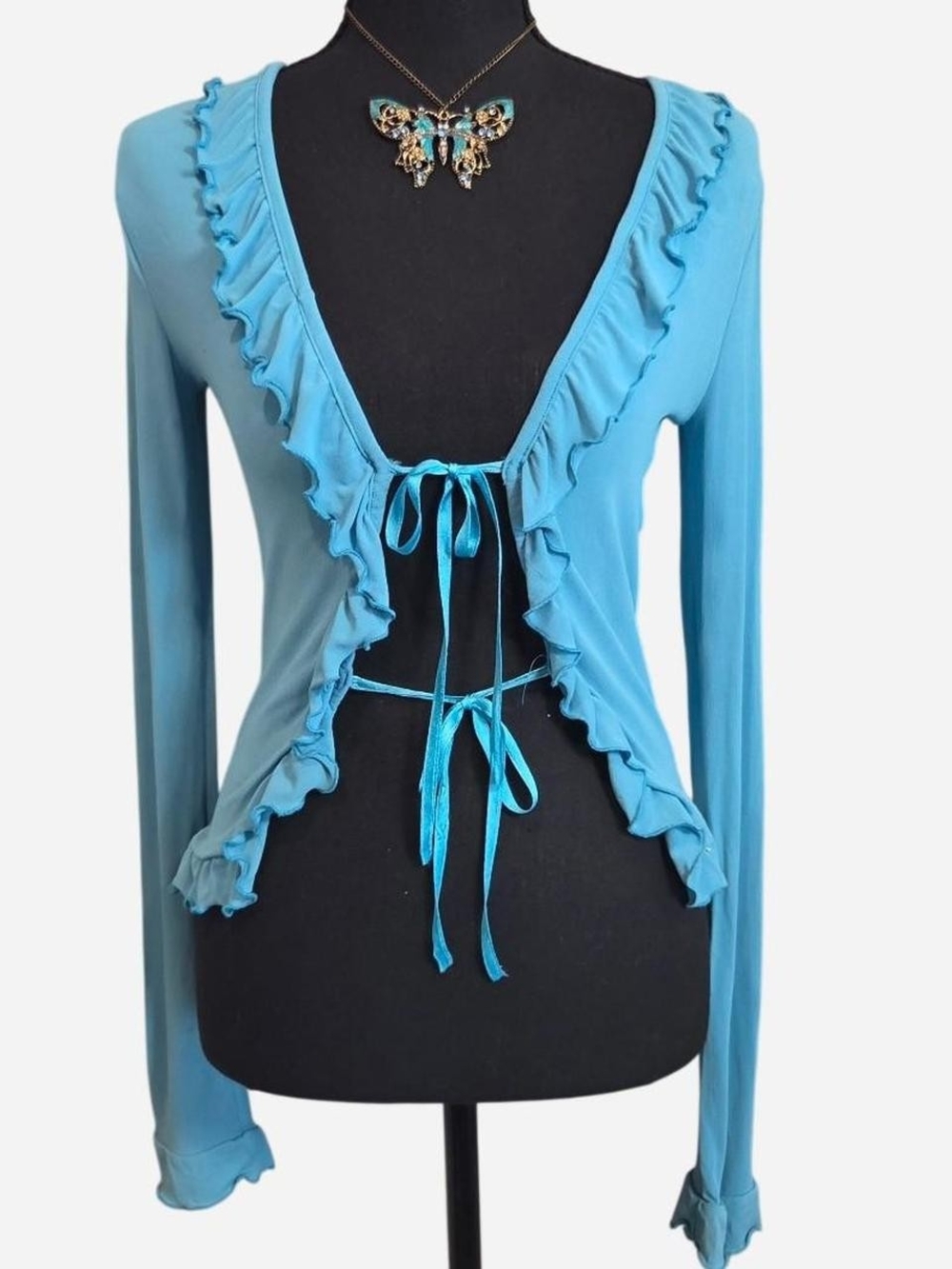Euro Y2K Ruffle Tie-Front Lightweight Cardigan Tie Front Turquoise Lettuce Hem S